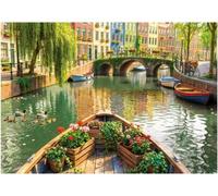 Puzzle 1000 Pieces Promenade sur Les canaux d'amsterdam, Pays Bas - Fleurs, Ville Europe - Set Puzzle Classique Adulte + Carte