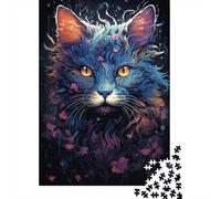Puzzle 1000 pièces, Puzzle carré créatif en Bois, Motif Chat néon Bleu psychédélique coloré, pour Adolescents, Cadeaux pour Adultes, 1000 pièces (75 x 50 cm)