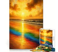 Puzzle 1000 pièces Rainbow Beach︰ Vagues au Coucher du Soleil doré pour Adolescents Améliore la mémoire, Les Liens familiaux, Bords précis, Cadeau attentionné (50x75cm)