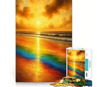 Puzzle 1000 pièces Rainbow Beach︰ Vagues au Coucher du Soleil doré pour Adolescents Améliore la mémoire, Les Liens familiaux, Bords précis, Cadeau attentionné (50x75cm)
