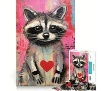 Puzzle 1000 pièces Raton Laveur avec cœur pour la Saint-Valentin Jeu de Construction Focus Assemblage sûr et précis Jouet d'intérieur pour Les fêtes (38x52cm)