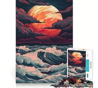 Puzzle 1000 pièces Red Moon Waves, Style Japonais Vaporwave, idéal pour Adolescents Un Jeu de logique Fine, Facile Assembler et Parfait comme Cadeau pour Les fêtes (38x52cm)