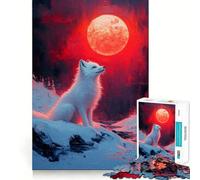 Puzzle 1000 pièces Renard Blanc sous la Lune Rouge Jeu de développement cognitif Surface Lisse sans bavures Activité relaxante en Groupe à l'intérieur (50x75cm)