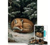 Puzzle 1000 pièces Renard endormi dans la forêt d'hiver pour Adolescents Jeu de logique Clair Découpe Parfaite Cadeau d'anniversaire 50x75cm