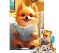 Puzzle 1000 pièces représentant un adorable Poméranien lisant le journal aux toilettes Idée cadeau amusante pour un anniversaire ou Noël Décoration murale Jeu éducatif Convient aux personnes de 14 ans