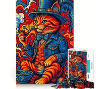 Puzzle 1000 pièces représentant Un Chat psychédélique fumant la Pipe, idéal pour Les Adolescents Jeu de logique Stimulant, activité à la Maison, Bords Nets, Cadeau précieux 38x52cm