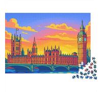 Puzzle 1000 pièces représentant Un Monument londonien : Le Palais de Westminster au Coucher du Soleil. Jeu éducatif pour Adultes, décoration intérieure, défi, 38 x 26 cm
