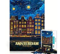 Puzzle 1000 pièces représentant Un Paysage Urbain Nocturne d'Amsterdam,Pays-Bas Un Jeu cognitif Amusant,aux pièces Robustes et aux découpes nettes,idéal pour Un Moment de Calme et Un Exercice
