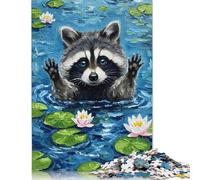 Puzzle 1000 pièces représentant Un Raton Laveur dans Un étang aux nénuphars, idéal pour Les Adolescents, idéal pour l'éducation à la Maison ou pour Les Adultes, 38 x 26 cm