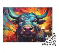 Puzzle 1000 pièces représentant Un Taureau coloré - Portrait psychédélique de Taureau Bleu - Jeu éducatif pour Adultes - Décoration élégante - Défi de Haute difficulté - Anniversaire - 52 x 38 cm