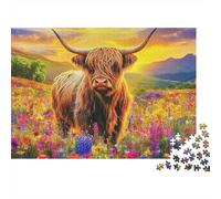 Puzzle 1000 pièces représentant Une Vaches Highlands dans Un Champ tournesols.Papier cartonné supérieure.se détendre,encadrer et créer Une œuvre d'art passionnés,Adultes et Coup: 52 x 38 cm.