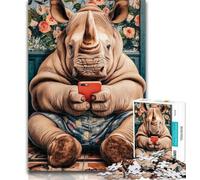 Puzzle 1000 pièces Rhino Jouant avec Un téléphone Portable Puzzle 1000 pièces pour Adolescents, Cadeaux, renforce l'amour Entre Les Couples pour Les 14 Ans 50x75cm