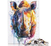Puzzle 1000 pièces Rhinocéros coloré Aquarelle, Puzzles carrés pour Adultes et Puzzles en Bois, décoration d'intérieur, Jouets Puzzle 1000 pièces (75 x 50 cm)
