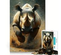 Puzzle 1000 pièces Rhinocéros en Charge Découpe Nette Jeu de Construction Artistique Jeu de détente Jeu d'anniversaire Amusant (50x75cm)