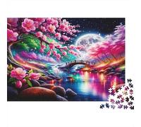 Puzzle 1000 pièces Rivière Sakura Lune Nuit Cerisier Carton Premium pour Améliorer la Concentration Entraînement Cognitif 38x26cm