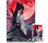 Puzzle 1000 pièces Samouraï sous la Lune Rouge pour Adolescents:Jeu éducatif pour développer la motricité Fine, pour Les Occasions spéciales Dimensions:50x75 cm