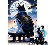 Puzzle 1000 pièces Samurai Cat Japan Moon pour Adolescents Jeu de réflexion et de création Collective Objet de Collection aux découpes nettes (38x26cm)