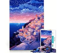 Puzzle 1000 pièces Santorin Coucher de Soleil Rose Bord Parfait Jeu cognitif Jeu de Relaxation Décoration Artistique de Noël (38x26cm)