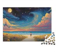 Puzzle 1000 pièces « Scène de Plage sous Un Ciel étoilé »-Personnage Marchant sur la Plage au crépuscule - Jeu éducatif pour Adultes-Décoration intérieure-Cadeau stimulant-52 x 38 cm