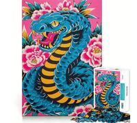 Puzzle 1000 pièces Serpent Bleu et Fleurs Roses Jeu de précision,de logique et d'adresse,idéal pour se détendre ou comme Cadeau d'anniversaire (38x52cm)