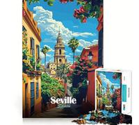 Puzzle 1000 pièces Séville, Espagne Illustration Vue de Rue Bord Parfait Jeu cognitif Jeu Lent Décoration Artistique de Noël (38x26cm)
