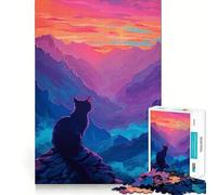 Puzzle 1000 pièces Silhouette de Chat Paysage de Montagne Découpe précise Jeu créatif et intellectuel pour des Moments de détente et de Calme Cadeau d'anniversaire (38x52cm)