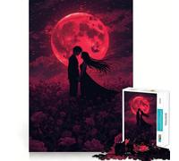Puzzle 1000 pièces Silhouette Romantique sous la Lune Rouge pour Adolescents Jeu de logique Pure Découpe Nette et précise Pièce d'art (38x26cm)