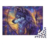 Puzzle 1000 pièces soirée Jeu pour Adultes Art Loup Attrape-rêves - Loup Lune Galaxie, épais, Robuste, Vibrant, Difficile, Antidote au Stress 52x38cm/1000pcs