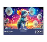 Puzzle 1000 Pièces Souris Endormie pour la Décoration Murale | Souris dans Un Champ de Pissenlits Étoilé, Papier Recyclé, pour Adultes, 38x26cm