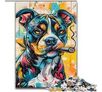 Puzzle 1000 pièces Staffordshire Bull Terrier fumant pour Adultes et Adolescents, Jeux éducatifs à Faire soi-même avec Affiche et fiche de Questions Assorties (50x75cm)