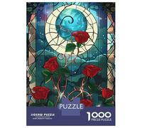 Puzzle 1000 Pièces Stained Glass Roses with Moon Puzzles pour Adolescents : Améliorent La Mémoire, Défi Éducatif, Cadeaux pour Les Amis Et La Famille 38x26cm/1000pcs