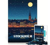 Puzzle 1000 pièces Stockholm Suède Paysage Urbain Nocturne Illustration Pièces nettes et découpées Jeu de compétences cognitives Moment de Calme et de Divertissement Décoration Artistique de Noël