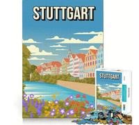 Puzzle 1000 pièces Stuttgart Allemagne Affiche de Voyage Vintage Illustration de Fleurs de rivière Découpe soignée Décoration Jeu de réflexion Cadeau Jeu Calme Activité d'anniversaire (38x26cm)