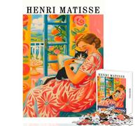 Puzzle 1000 pièces Style Henri Matisse Femme avec Chat Décoration Murale Jeu éducatif avec pièces de Formes aléatoires Parfaitement emboîtables Dimensions 38x26cm