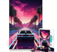 Puzzle 1000 pièces Synthwave Retro Car Sunset pour Adolescents, Jouet de réflexion Simple et Amusant, découpe précise, Père Noël, vœux 38x52cm