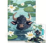 Puzzle 1000 pièces Taureau de Dessin animé dans Un étang de nénuphars,Bords Parfaits,Jeu cognitif et Amusant,Jeu Lent,décoration Artistique de Noël (38x52cm)