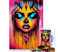 Puzzle 1000 pièces Tête de Mort néon avec cœurs pour Adultes Jeu Intelligent, apaisant et Amusant Motif à Assembler Cadeau élégant (50x75cm)