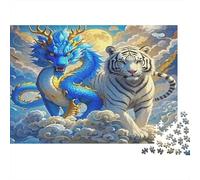 Puzzle 1000 pièces Tigre Blanc et Dragon Bleu sur Nuages, Animal Sauvage, Couleurs Vives, Décoration Maison, Art Mural, Carton Papier Recyclé, Débutants, Cadeau Anniversaire, 52x38cm