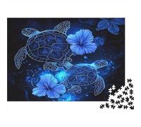 Puzzle 1000 pièces Tortues Bleues et Hibiscus Tortues Marines Néon Carton de qualité supérieure pour Adultes 14+ Activité en Classe 52x38cm