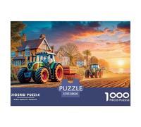 Puzzle 1000 Pièces Tracteurs Labourant Champ Adulte & Enfant Paysage de Coucher de Soleil Rural Jeu Éducatif Décoration Murale 38x26cm