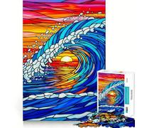 Puzzle 1000 pièces Vagues et Coucher de Soleil sur l'océan en vitrail, 1000 pièces, pour Adolescents Jeu de réflexion Relaxant et Amusant, 38x52cm