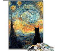Puzzle 1000 pièces Van Gogh Ciel Nocturne Chat Noir Puzzle 1000 pièces Cadeau de Noël Adolescent Réduction du Stress Cadeau Unique Cool pour la Famille (Taille 50x75cm)