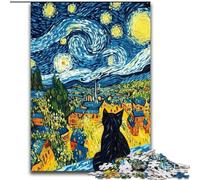 Puzzle 1000 pièces Van Gogh Night Sky Cat pour Adultes et Adolescents, Jouets éducatifs et éducatifs, Jeux familiaux avec Affiche et fiche de Questions-réponses (50x75cm)