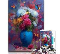 Puzzle 1000 pièces Vase Bleu et chrysanthèmes colorés Puzzle 1000 pièces pour Adultes avec Affiche et fiche de Questions-réponses (14 Ans et Plus) (50x75cm)