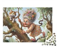 Puzzle 1000 pièces Vieille grimpeuse - Vieille Dame avec Chat sur Branche, Premium Robuste, qualité, Vibrant, Difficile, Cadeau 52x38cm/1000pcs