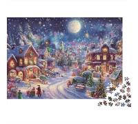 Puzzle 1000 pièces « Village de Noël sous la Lune » Scène de Village enneigé au Clair de Lune Jeu éducatif et Relaxant pour Adultes et Adolescents 70 x 50 cm / 1000 pièces