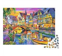 Puzzle 1000 pièces Ville sur Canal Colorée, Peinture Urbaine, Carton Premium recy oupe précise, Pièces emboîtables, Adultes, 38x26cm