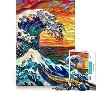 Puzzle 1000 pièces Vitrail Hokusai Vague Adolescents Jeu de réflexion Stimulant Amusant à Partager Découpe Nette Surprise chaleureuse 38x52cm