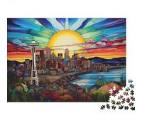 Puzzle 1000 pièces Vitrail Seattle Vue du Coucher de Soleil à New York-Mosaïque Artistique pour Adultes-Jeu éducatif-Décoration Magnifique-Difficulté stimulante 52 x 38 cm