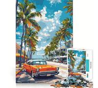 Puzzle 1000 pièces Voiture Classique Orange dans Une Rue Tropicale Jeu sans Couture Activité intellectuelle Activité paisible Cadeau d'anniversaire Amusant (50x75cm)